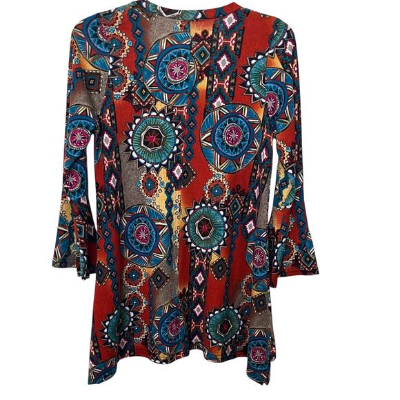 WIN WIN LONG SLV V-NECK FLARE BOTTOM TUNIC, WOMENS, L-XL, MULTICOLORS, ABSTRACT - Picture 5 of 12